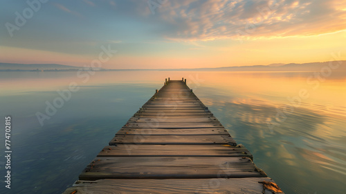 Dawn Breaks on a Serene Lake Pier. The serene break of dawn over a placid lake  with a wooden pier leading the eye towards the horizon under a softly lit sky