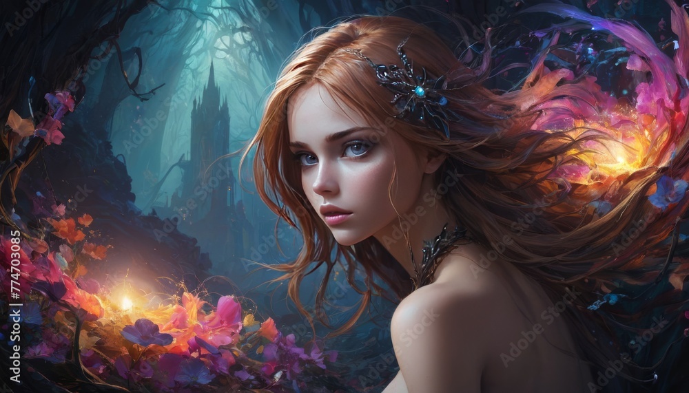 A young woman with an enigmatic gaze stands amidst a vibrant forest, her presence blending with the magic of blooming flowers and subtle light.. AI Generation
