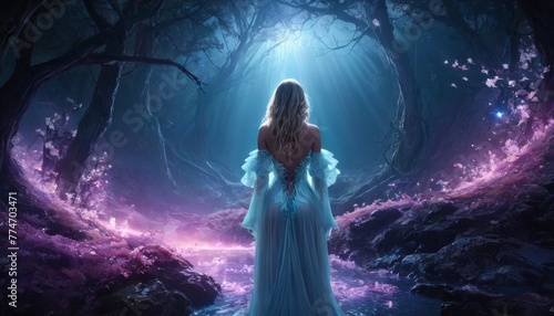 A woman in a flowing blue gown stands in a magical forest lit by ethereal blue light, creating a serene and otherworldly atmosphere perfect for imaginative themes.. AI Generation