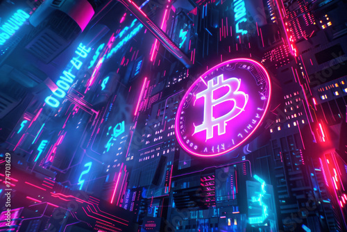 A futuristic neon illustration of a bitcoin halving event, with neon lights and graffiti elements to create a mesmerizing and futuristic scene inspired by cyberpunk aesthetics.