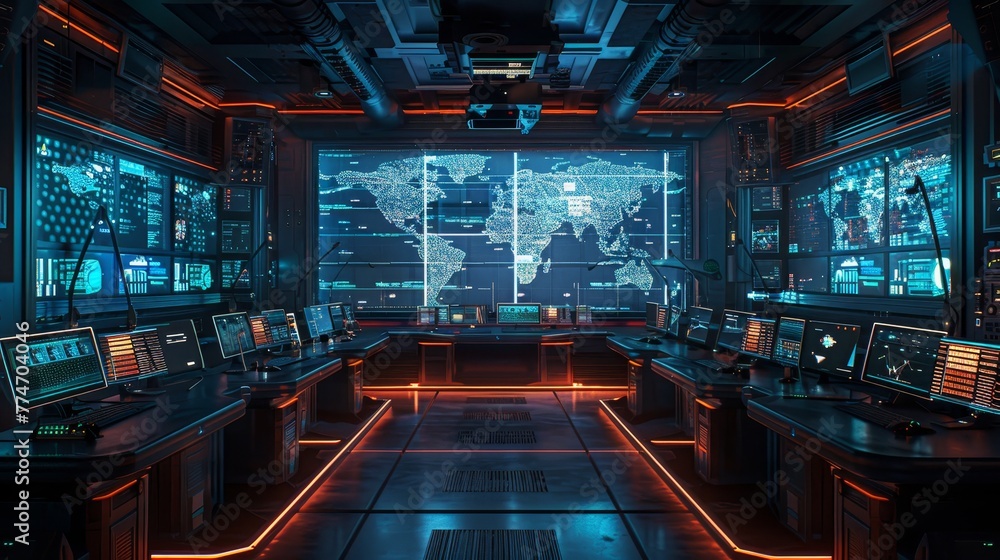 A computer room with a large screen showing a map of the world. The room is filled with computer monitors and keyboards A computer room with a large screen showing a map of the world. The room is filled with computer monitors and keyboards