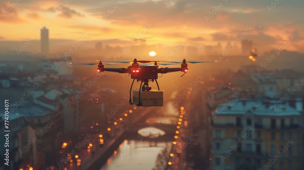 A drone is flying over a city at sunset. The drone is carrying a box. The sky is orange and the city is lit up with lights A drone is flying over a city at sunset. The drone is carrying a box. The sky is orange and the city is lit up with lights
