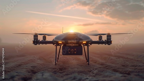 A drone is flying in the sky at sunset. The drone is black and white and has a camera on it. The sky is orange and pink, and the sun is setting in the background