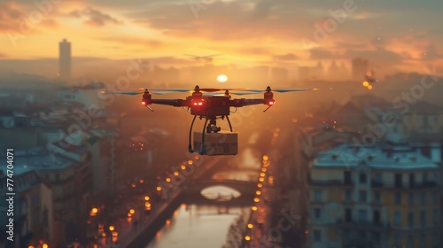 A drone is flying over a city at sunset. The drone is carrying a box. The sky is orange and the city is lit up with lights