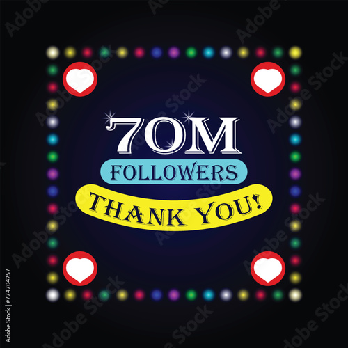 70M followers thank you greeting card with colorful lights on dark background. Colorful design for social network, social media post background template. photo