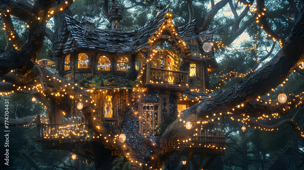 Fototapeta premium A whimsical treehouse nestled among ancient twisting branches