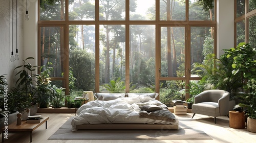 A Serene Forest Retreat A Cozy Bedroom with a View of the Trees Generative AI