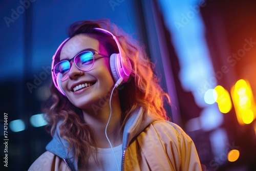 Vibrant, smiling young woman in pink glasses enjoying music on headphones outdoors at dusk. Radiant Young Woman with Music Headphones Outdoors