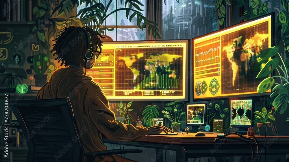A woman is sitting in front of a computer with three monitors. She is wearing headphones and she is working on a project. The room is decorated with plants and has a modern, industrial feel