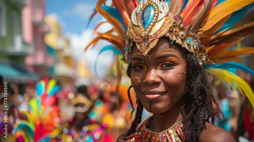A woman wearing a colorful costume and a headdress is smiling. Concept of joy and celebration, as the woman is participating in a parade or a festive event. The vibrant colors of her outfit