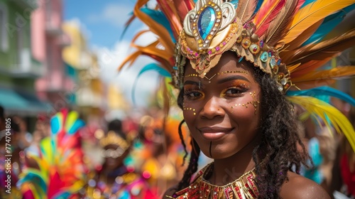 A woman wearing a colorful costume and a headdress is smiling. Concept of joy and celebration, as the woman is participating in a parade or a festive event. The vibrant colors of her outfit