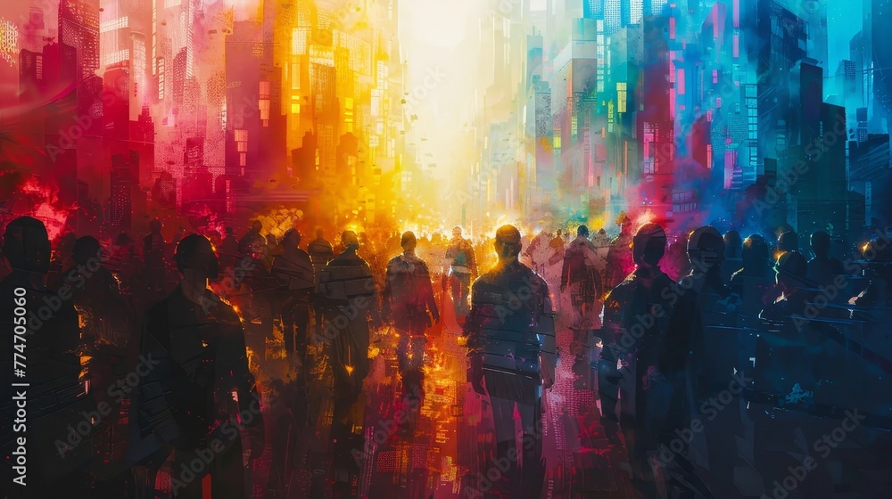 A colorful cityscape with a large crowd of people walking down a street. Scene is lively and bustling, with the people appearing to be enjoying themselves. The colors of the cityscape