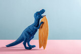 Happy blue dinosaur with wooden surfboard on blue and pink background.