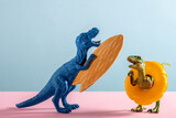 Two happy dinosaurs with surfboard and an inflatable circle on pink and blue background.