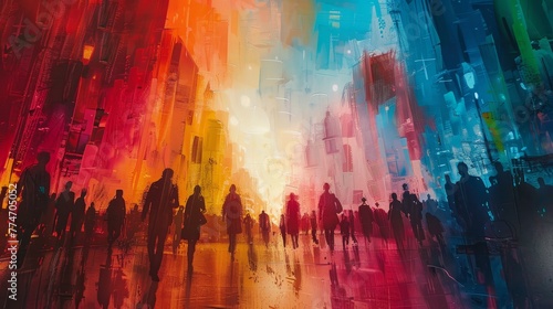 A painting of a city street with a large group of people walking down it. The painting is in bright colors and has a feeling of chaos and movement © Rattanathip
