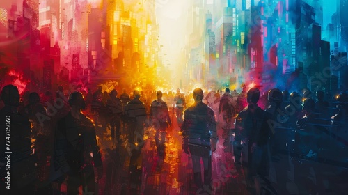 A colorful cityscape with a large crowd of people walking down a street. Scene is lively and bustling  with the people appearing to be enjoying themselves. The colors of the cityscape