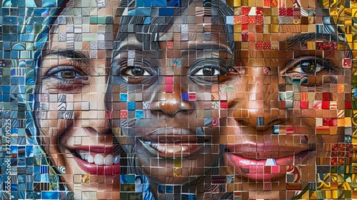 Three women's faces are shown in a mosaic pattern. The faces are of different colors and sizes, and they all have smiles on their faces