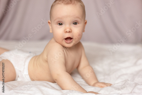 happy baby 7-9 months looking at camera, baby in diaper, Infant baby lying on tummy propped up on arms © Leka