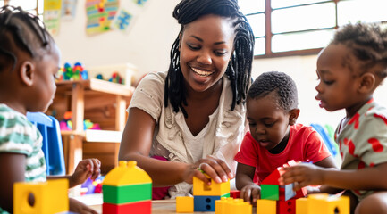 A smiling black woman teacher playing with small children in the kindergarten, building colourful blocks at the table.