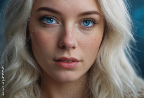 Close up fashion portrait of seductive sexy woman with big blue eyes ,full lips , prefect skin and long fluffy curled hairstyle. Natural make up. photo