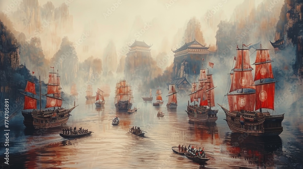 A painting of a large group of boats on a river with a foggy atmosphere. The boats are of various sizes and are sailing in different directions - obrazy, fototapety, plakaty 