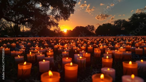 A field of candles lit up in the evening. The candles are lit in a way that they are all lit up at the same time