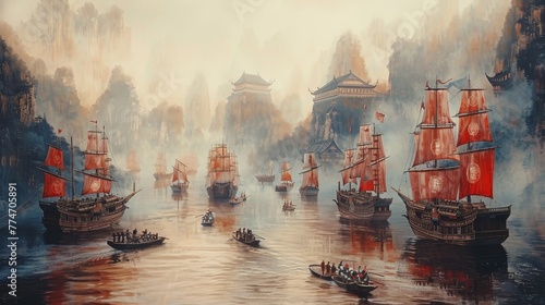 A painting of a large group of boats on a river with a foggy atmosphere. The boats are of various sizes and are sailing in different directions photo