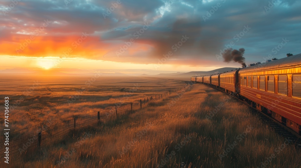 A train is traveling through a field with a sunset in the background. The train is yellow and black and is the only thing visible in the image