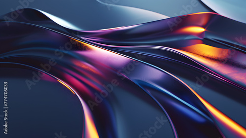 Abstract background with colorful curves and metallic shapes