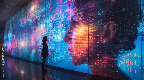 A woman stands in front of a large, colorful wall of images. The wall is filled with abstract shapes and patterns, creating a sense of movement and energy