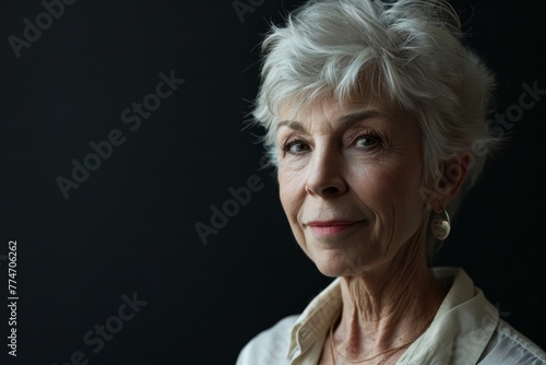 Portrait of a senior woman looking at camera on black background.