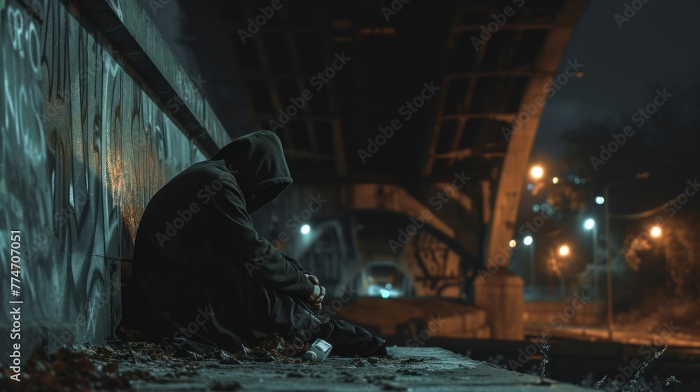 Fototapeta premium Homeless man prepare to spend the night under a bridge