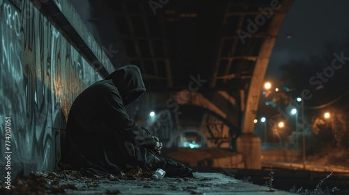 Homeless man prepare to spend the night under a bridge photo