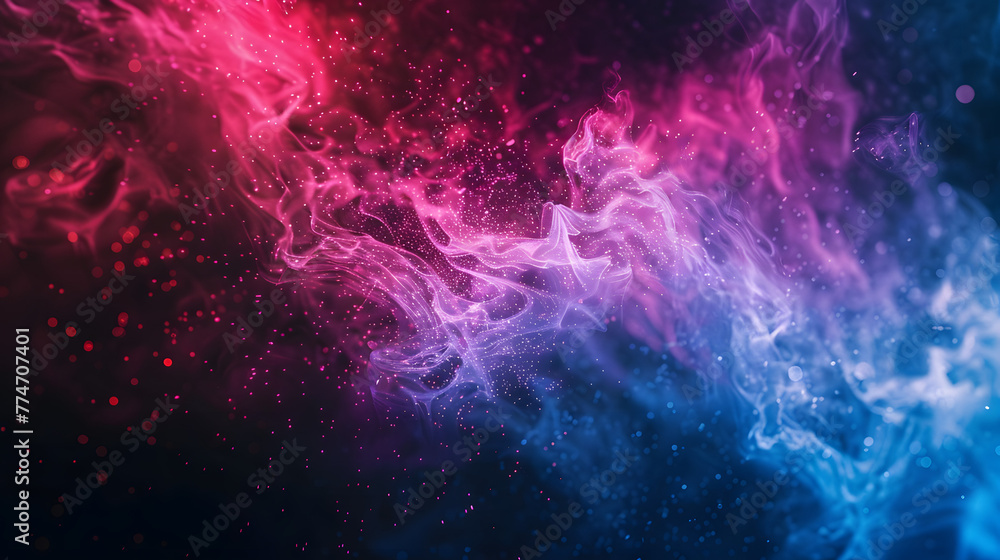 abstract glowing pink and blue fire particles on black background banner design with copy space area