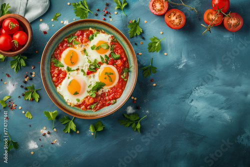 Shakshuka (eggs poached in a sauce of tomatoes, chili peppers, and onions, often spiced with cumin)