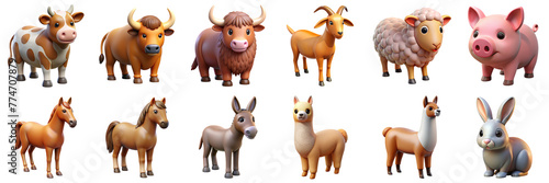 Farm Animals 3D icons. Illustration of cow, bull, goat, sheep, pig, horse, donkey, alpaca, rabbit © Pixel Pine