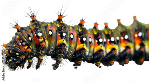 A colorful caterpillar crawls gracefully on a white surface