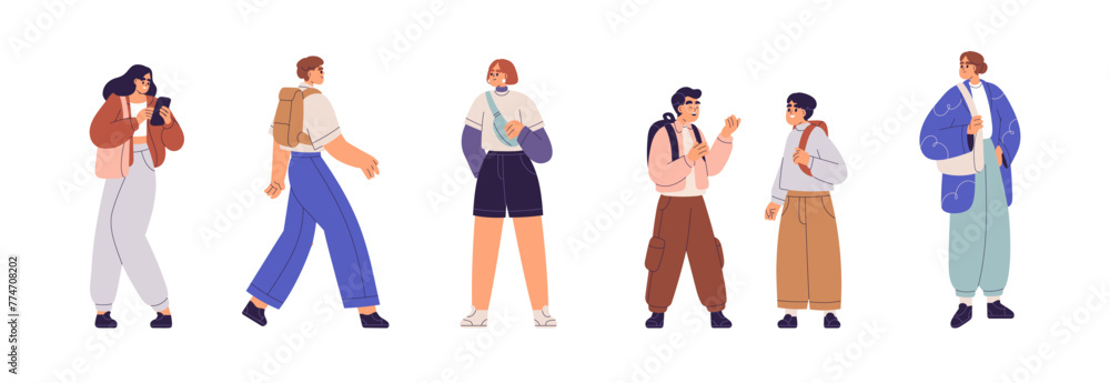 Naklejka premium People waiting, going, talking and standing outdoors set. Young adults and children characters on street. Woman with phone, man walking, kids. Flat vector illustration isolated on white background