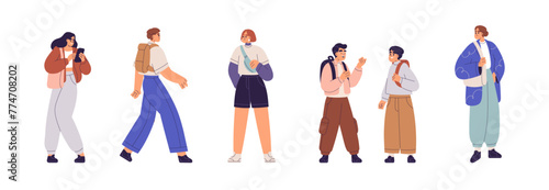 People waiting, going, talking and standing outdoors set. Young adults and children characters on street. Woman with phone, man walking, kids. Flat vector illustration isolated on white background © Good Studio