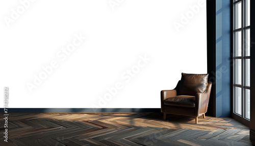 Fototapeta Naklejka Na Ścianę i Meble -  Living room with leather armchair on wood flooring and dark blue wal, pot with leaves inside the room