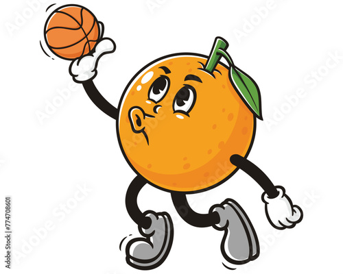 Orange fruit playing slam dunk basketball cartoon mascot illustration character vector clip art hand drawn