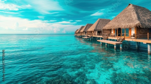 Tropical bungalows overwater and coral reef. Pacific ocean  Oceania
