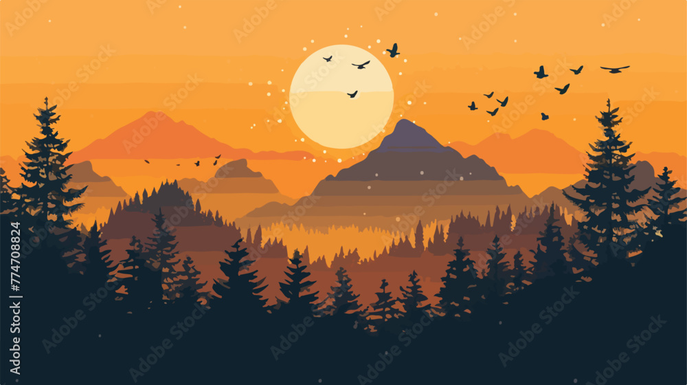 Mountain landscape with forest under a orange sky 