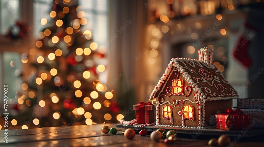 Gingerbread House with Christmas Lights A Festive and Delicious Treat for the Holiday Season Generative AI