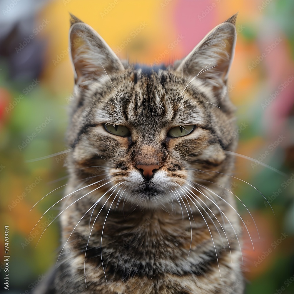 Captivating Tabby Cat Face Closeup with Intense Gaze in Vibrant Natural Setting