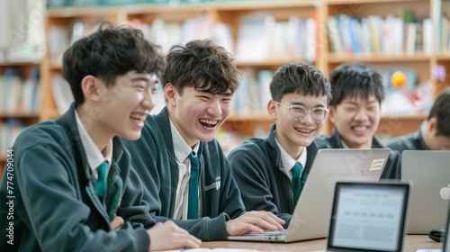A group of a bunch of boys sitting around on laptops, AI