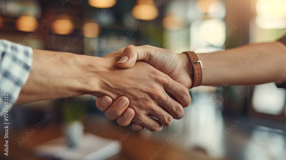 Two people shaking hands in a restaurant, AI Two people shaking hands in a restaurant, AI