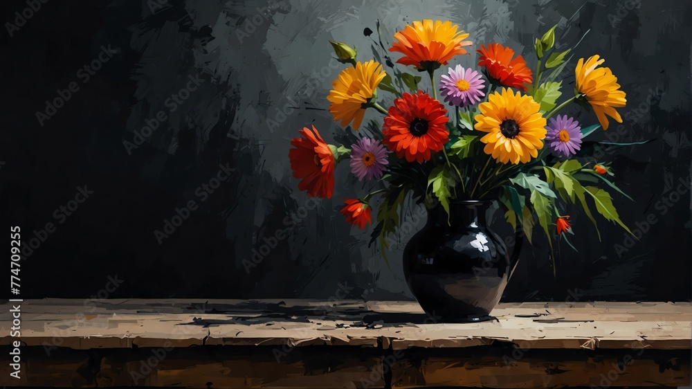 black theme still life flowers on table abstract oil pallet knife paint painting on canvas large brush strokes art illustration background from Generative AI - obrazy, fototapety, plakaty 