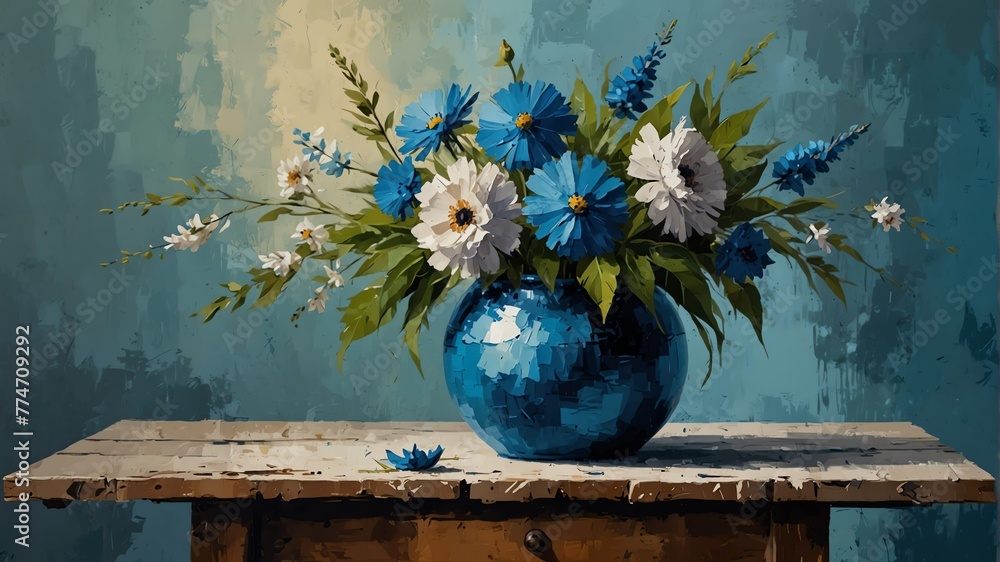 blue theme still life flowers on table abstract oil pallet knife paint painting on canvas large brush strokes art illustration background from Generative AI - obrazy, fototapety, plakaty 