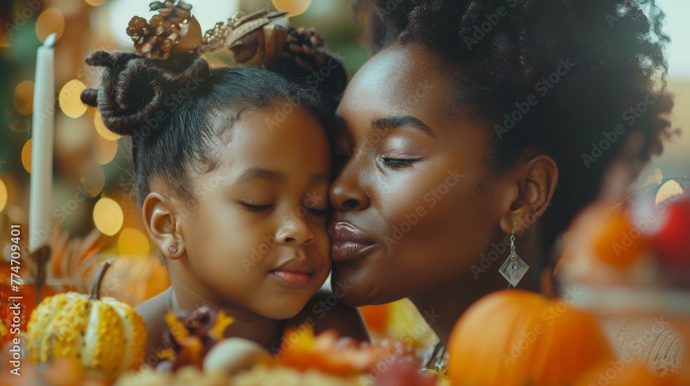 A woman and child kissing each other in front of a table full of fall decorations, AI